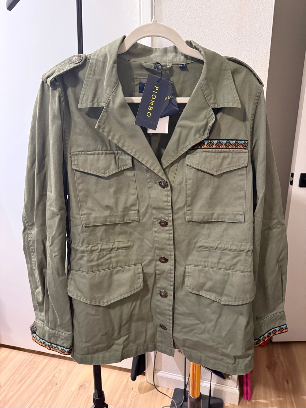 Piombo Women’s Olive green Military Jacket Button Front Pockets size L MSRP$129